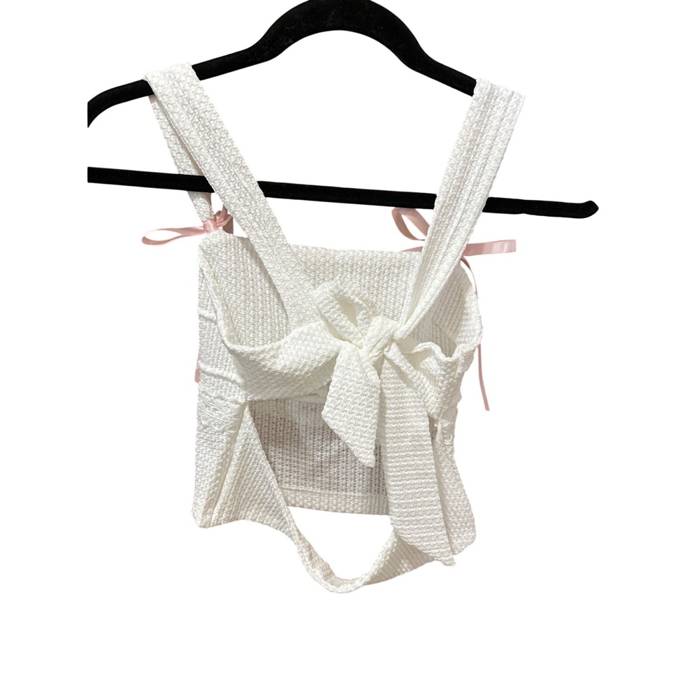 White Textured Coquette Crop Top Pink Ribbon Bows Lace Trim Tie Back Women - Picture 2 of 3